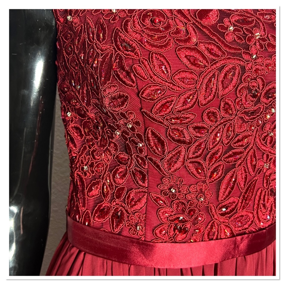 Formal Illusion Sequin, Lace and Chiffon Maxi Gown in Garnet Red - Picture 4 of 13